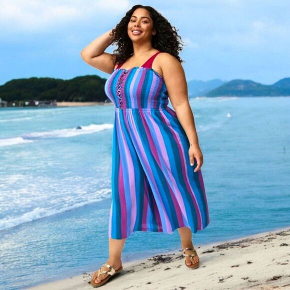 TORRID Plus Size Laceup Cool Stripe Multi-Color smocked Culotte Jumpsuit Size 2X - Picture 1 of 16